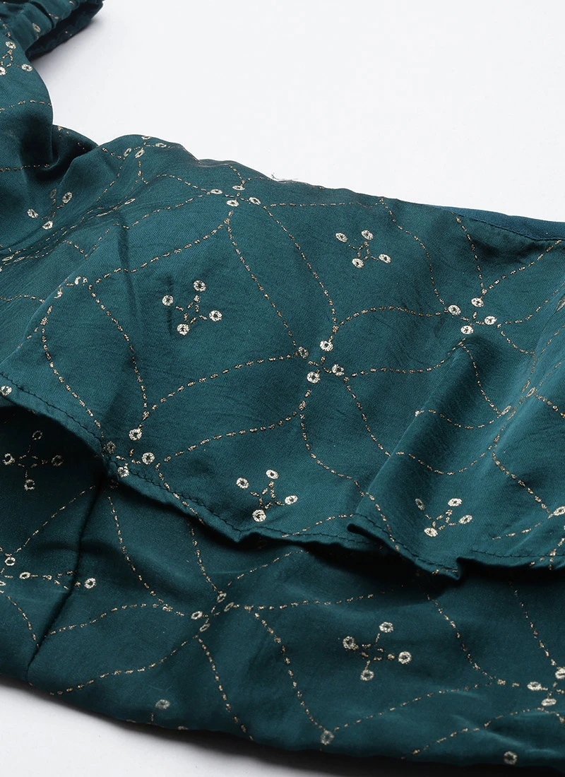 Teal Green Art Silk Foil Print Lehenga Set Festive Wear 5 Teal Green Art Silk Foil Print Lehenga Set Festive Wear - Image 5