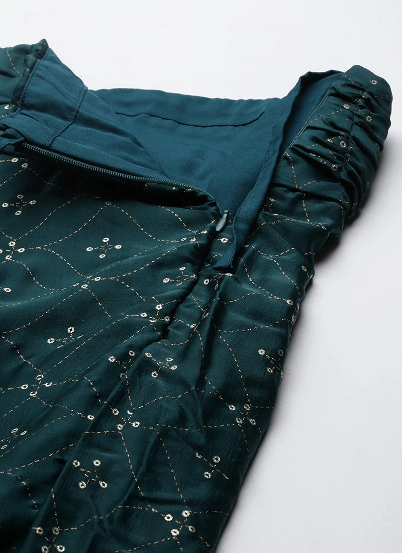 Teal Green Art Silk Foil Print Lehenga Set Festive Wear 6 Teal Green Art Silk Foil Print Lehenga Set Festive Wear - Image 6