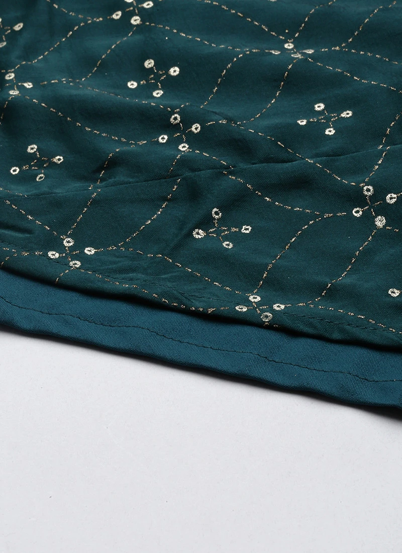 Teal Green Art Silk Foil Print Lehenga Set Festive Wear 8 Teal Green Art Silk Foil Print Lehenga Set Festive Wear - Image 8