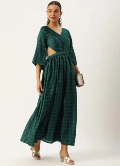Teal Green Art Silk Foil Printed Maxi Dress Festive Wear -C Bazaar Shop Teal Green Art Silk Foil Printed Maxi Dress DRBS02211113 u