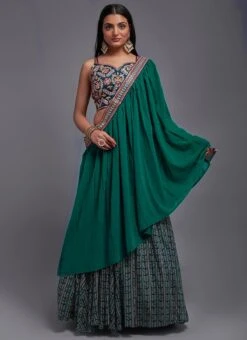 Teal Green Embroidery Batik Printed Viscose Umbrella Lehenga Party Wear -C Bazaar Shop Teal Green Embroidery Batik Printed Viscose Umbrella Lehenga GHSACW6756 u