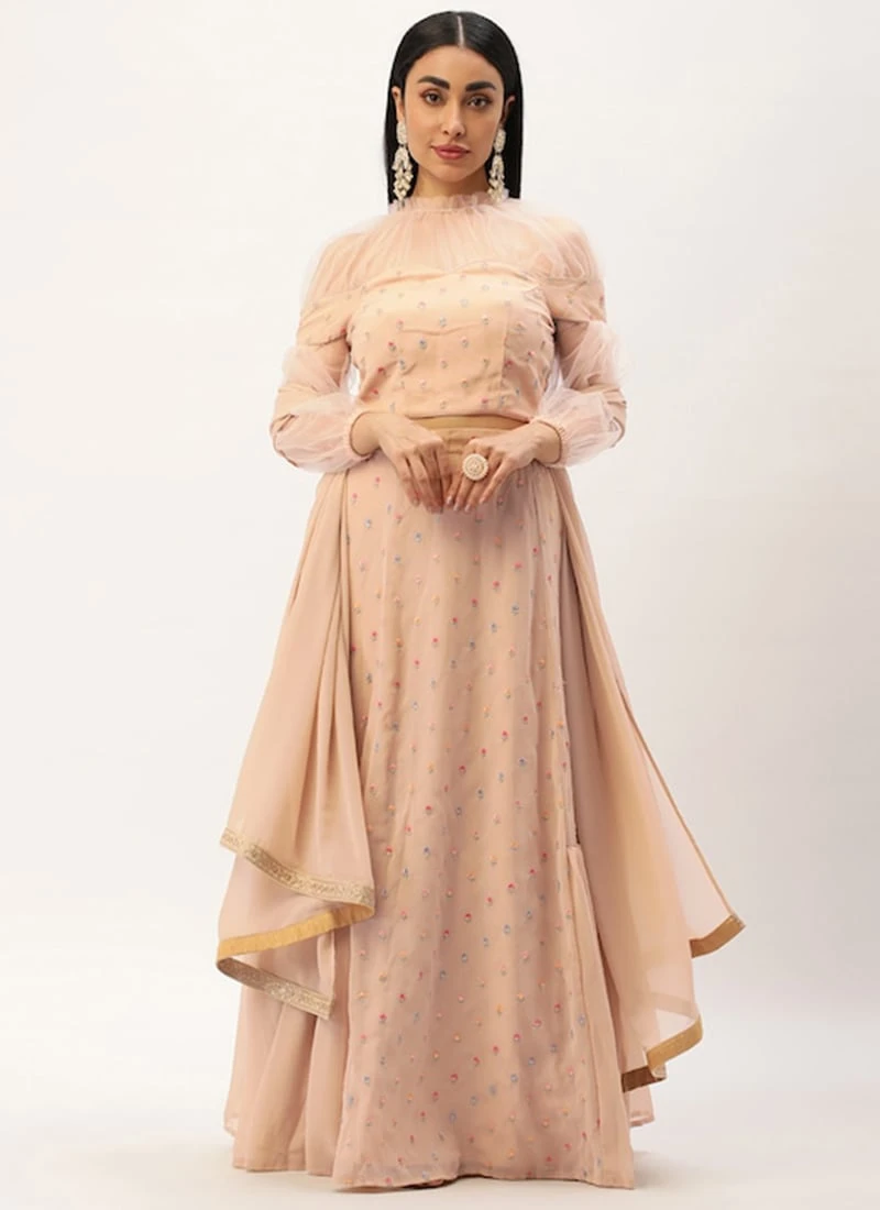 Peach Georgette Embroidered Lehenga Set Party Wear 3 Peach Georgette Embroidered Lehenga Set Party Wear - Image 3