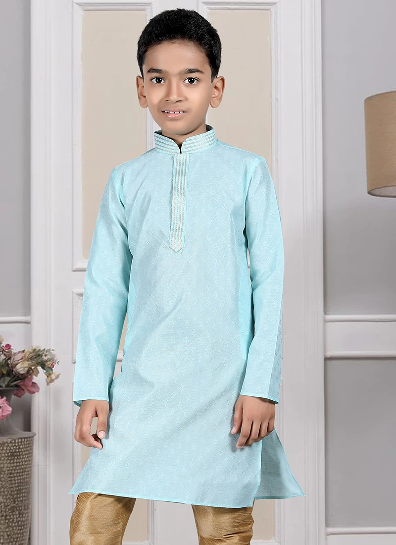 Turquoise Art Silk Printed Kurta Pyjama Party Wear 3 Turquoise Art Silk Printed Kurta Pyjama Party Wear - Image 3