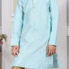 Turquoise Art Silk Printed Kurta Pyjama Party Wear