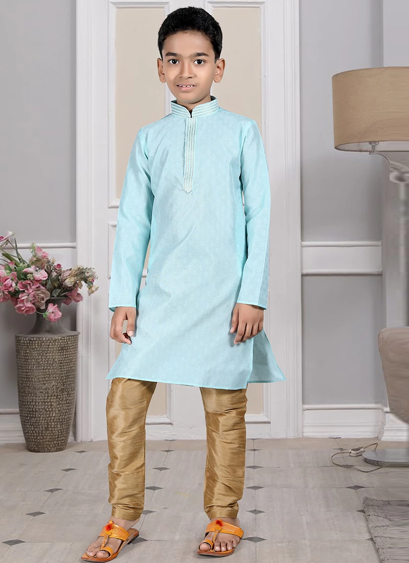 Turquoise Art Silk Printed Kurta Pyjama Party Wear 2 Turquoise Art Silk Printed Kurta Pyjama Party Wear - Image 2