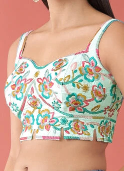 Turquoise Blue Silk Embroidery Blouse Party Wear