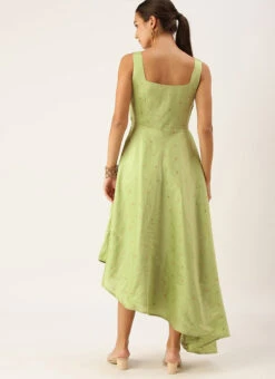Pista Green High N Low Pleated Yoke Dress Festive Wear -C Bazaar Shop Turquoise High N Low Pleated Yoke Dress DRBS02108657 b