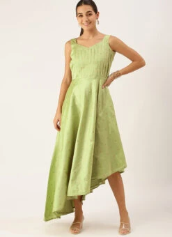 Pista Green High N Low Pleated Yoke Dress Festive Wear -C Bazaar Shop Turquoise High N Low Pleated Yoke Dress DRBS02108657 u