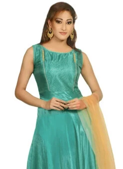 Turquoise Satin Blend Anarkali Suit Party Wear -C Bazaar Shop Turquoise Satin Blend Anarkali Suit SLMDDF176 b