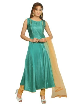Turquoise Satin Blend Anarkali Suit Party Wear -C Bazaar Shop Turquoise Satin Blend Anarkali Suit SLMDDF176 u