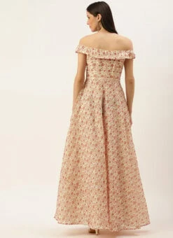 White Art Silk Digital Printed Off Shoulder Dress After Six Wear -C Bazaar Shop White Art Silk Digital Printed Off Shoulder Dress DRBS02205894 b 1
