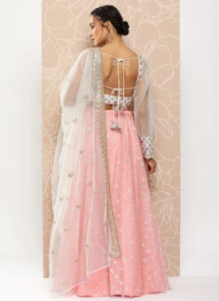 Skirt From White Chinon Embroidered Pink Organza Lehenga Set After Six Wear -C Bazaar Shop White Chinon Embroidered Pink Organza Lehenga Set GHBS02301031 b