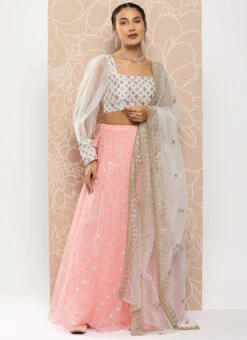 Skirt From White Chinon Embroidered Pink Organza Lehenga Set After Six Wear -C Bazaar Shop White Chinon Embroidered Pink Organza Lehenga Set GHBS02301031 u