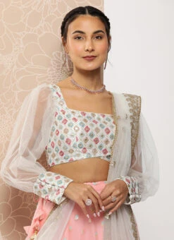 Skirt From White Chinon Embroidered Pink Organza Lehenga Set After Six Wear -C Bazaar Shop White Chinon Embroidered Pink Organza Lehenga Set GHBS02301031 rrc1