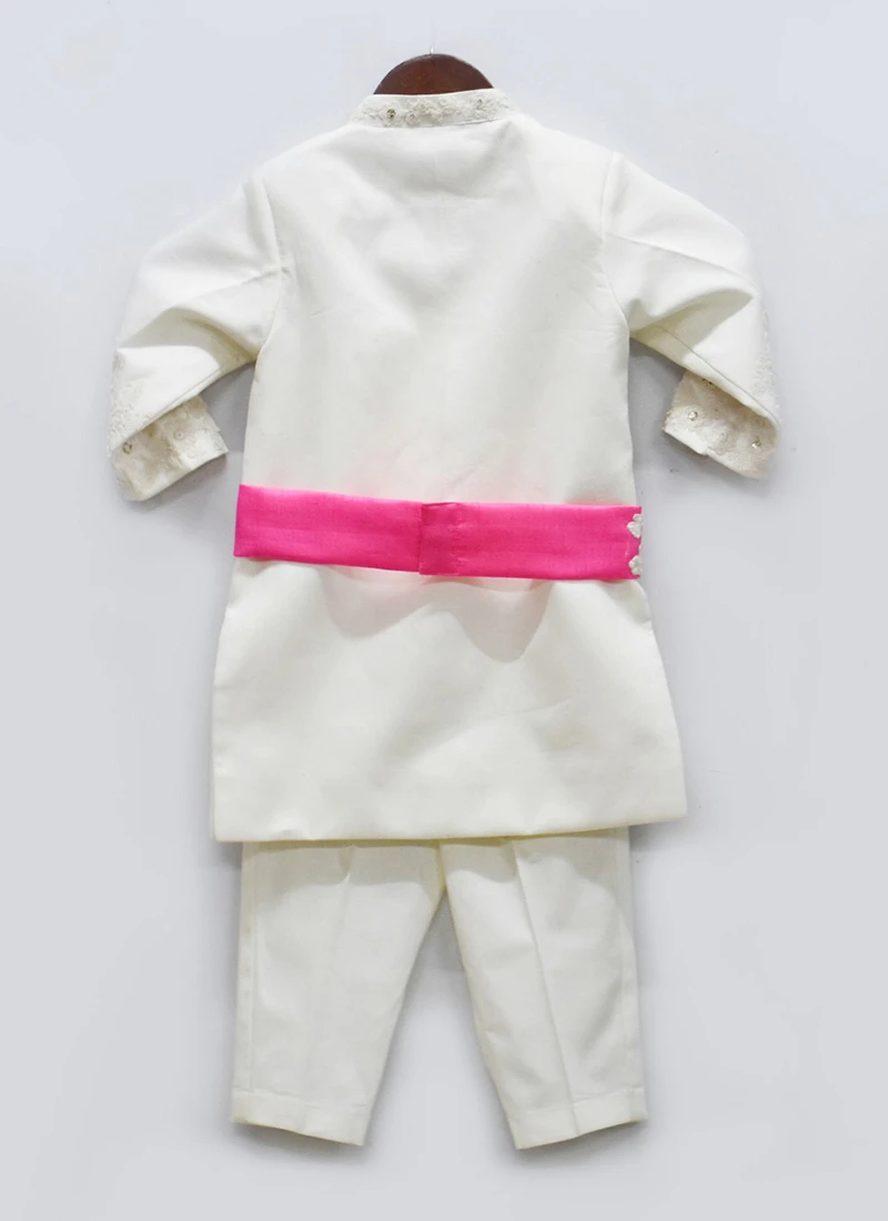 White Cotton Silk Embroidered Boys Kurta Pyjama 3 White Cotton Silk Embroidered Boys Kurta Pyjama - Image 3