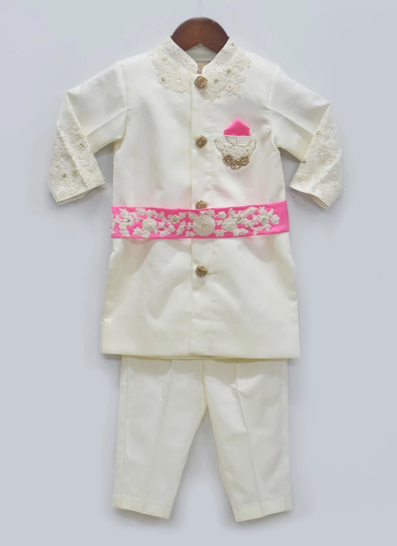 White Cotton Silk Embroidered Boys Kurta Pyjama 2 White Cotton Silk Embroidered Boys Kurta Pyjama - Image 2