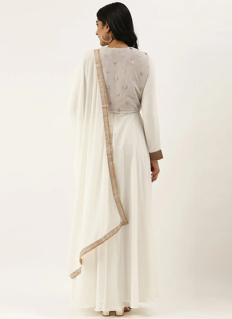 White Embroidered Jacket Style Anarkali Suit Festive Wear 4 White Embroidered Jacket Style Anarkali Suit Festive Wear - Image 4