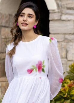 White Faux Chiffon Digital Print Fit And Flare Dress After Six Wear -C Bazaar Shop White Faux Chiffon Digital Print Fit And Flare Dress DRSSUF1304 b