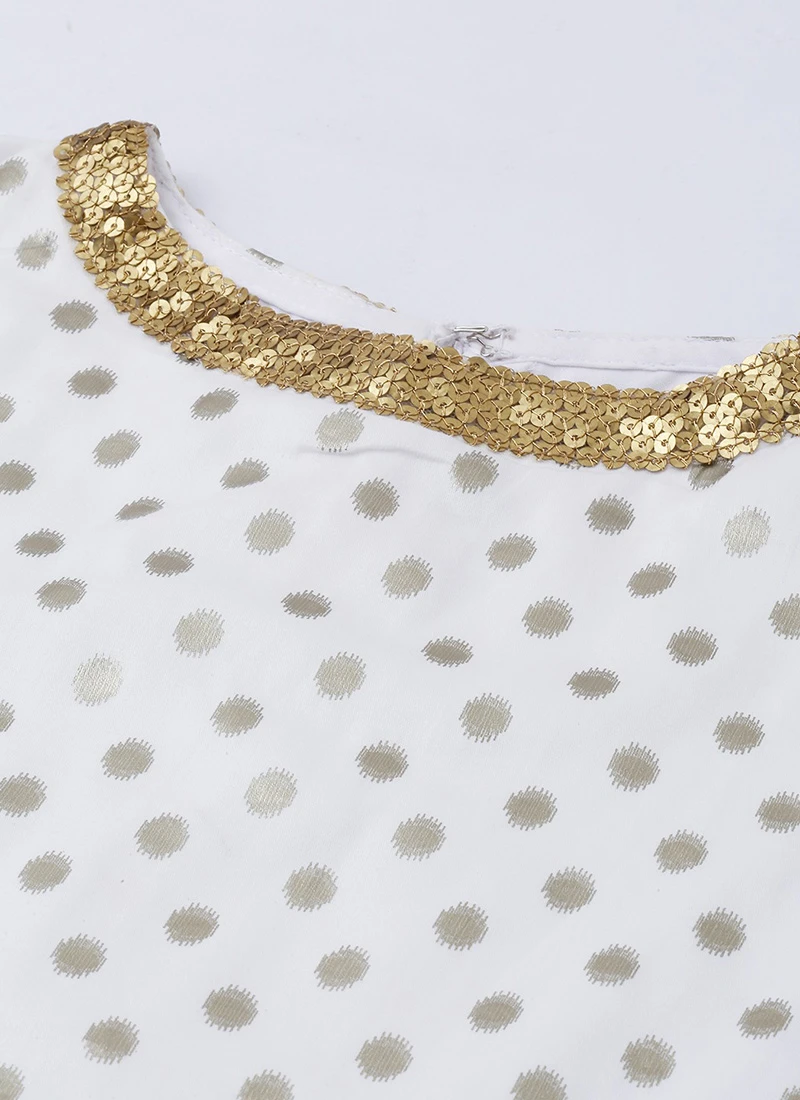 White Foil Print Knee Length Kurta Set Festive Wear 5 White Foil Print Knee Length Kurta Set Festive Wear - Image 5