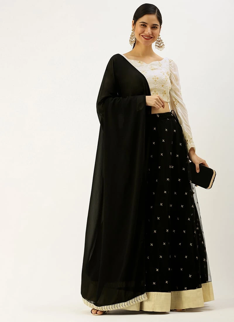 White Foil Print Viscose Black Lehenga Festive Wear Wedding Wear 3 White Foil Print Viscose Black Lehenga Festive Wear Wedding Wear - Image 3