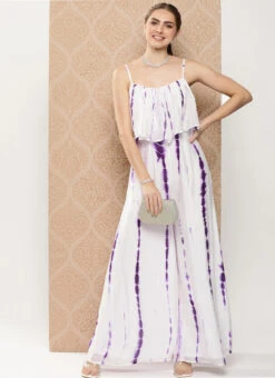 White Georgette Tie N Dye Jumpsuit After Six Wear -C Bazaar Shop White Georgette Tie N Dye Jumpsuit DRBS02301104 u