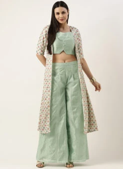 Bottom From White Jacket N Pista Green Embroidered Palazzo Set After Six Wear -C Bazaar Shop White Jacket N Pista Green Embroidered Palazzo Set IWBS02211157 u