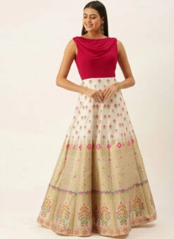 White Jacquard N Hot Pink Georgette Kali Gown Party Wear -C Bazaar Shop White Jacquard N Hot Pink Georgette Kali Gown IWBS02201193 u