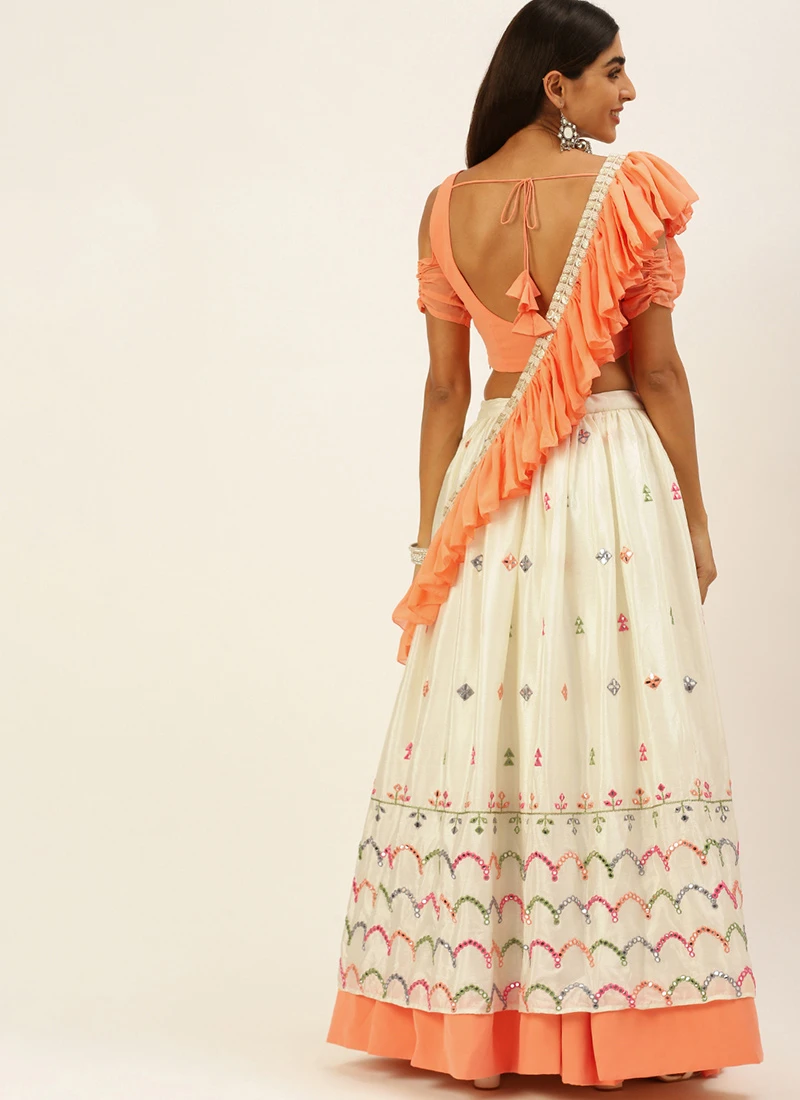 White N Peach Embroidered Lehenga Set Wedding Wear 4 White N Peach Embroidered Lehenga Set Wedding Wear - Image 4