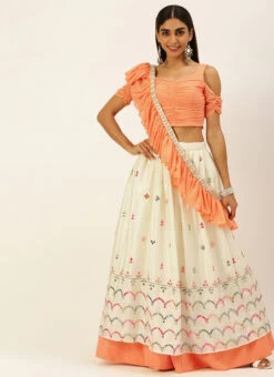 White N Peach Embroidered Lehenga Set Wedding Wear 10 White N Peach Embroidered Lehenga Set Wedding Wear -C Bazaar Shop White N Peach Embroidered Lehenga Set GHBS02206298 u