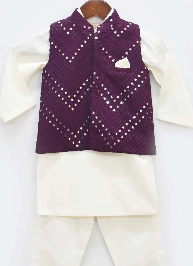 White N Wine Cotton Silk Mirror Embroidery Bandi Set 1 White N Wine Cotton Silk Mirror Embroidery Bandi Set