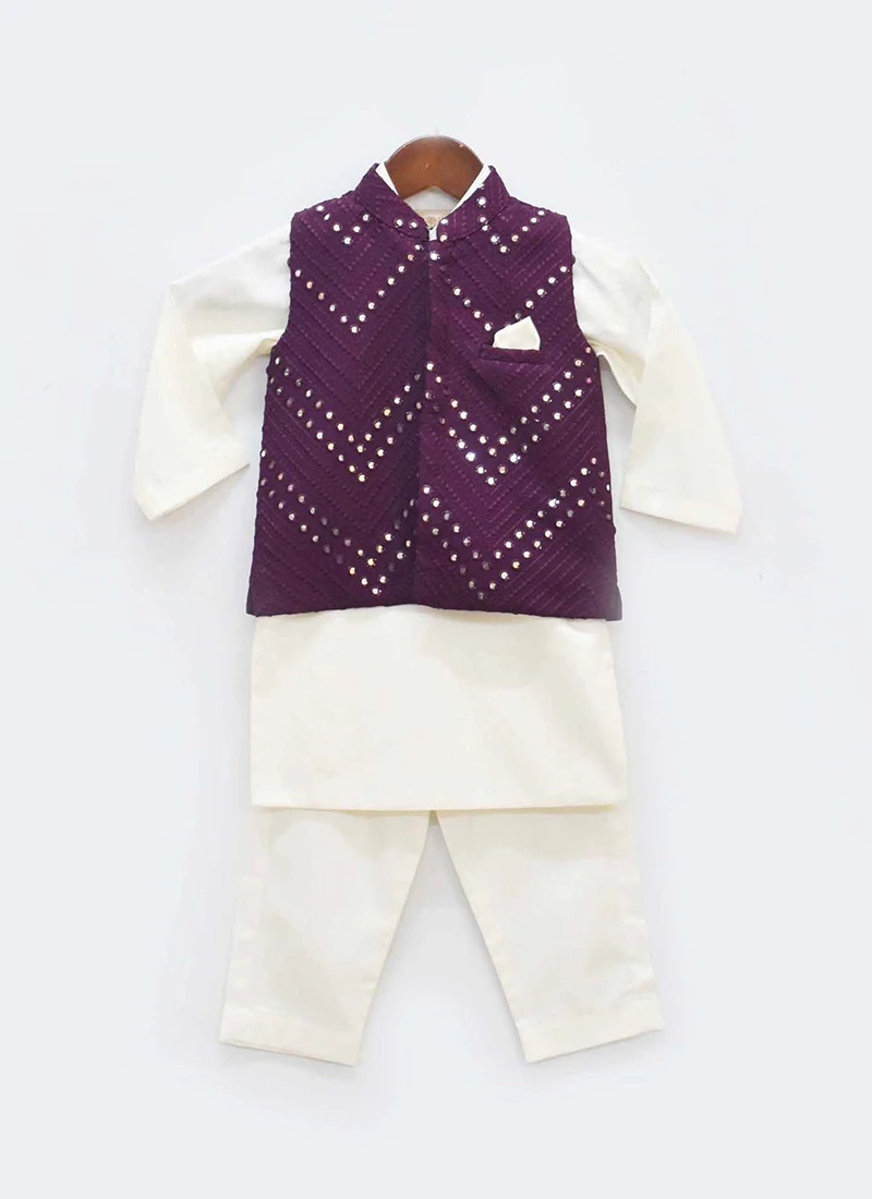 White N Wine Cotton Silk Mirror Embroidery Bandi Set 2 White N Wine Cotton Silk Mirror Embroidery Bandi Set - Image 2