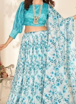 White Organza Digital Print Umbrella Lehenga Festive Wear