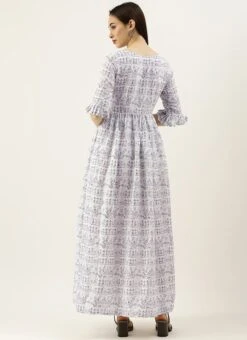 White Rayon Printed Gathered Maxi Dress Festive Wear -C Bazaar Shop White Rayon Printed Gathered Maxi Dress DRBS02105422 b