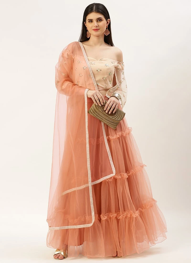 Dupatta From White Sequins N Peach Net Tiered Lehenga After Six Wear 3 Dupatta From White Sequins N Peach Net Tiered Lehenga After Six Wear - Image 3