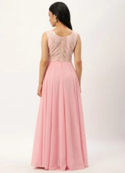 White Sequins N Pink Georgette Flared Gown Party Wear -C Bazaar Shop White Sequins N Pink Georgette Flared Gown IWBS02301810 b