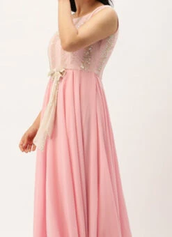 White Sequins N Pink Georgette Flared Gown Party Wear