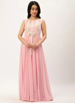 White Sequins N Pink Georgette Flared Gown Party Wear -C Bazaar Shop White Sequins N Pink Georgette Flared Gown IWBS02301810 u