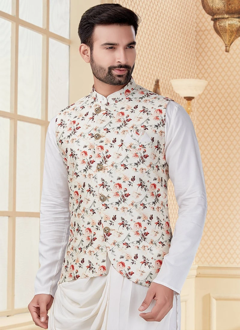 White Soft Silk Kurta Pyjama With Jacket Party Wear 3 White Soft Silk Kurta Pyjama With Jacket Party Wear - Image 3