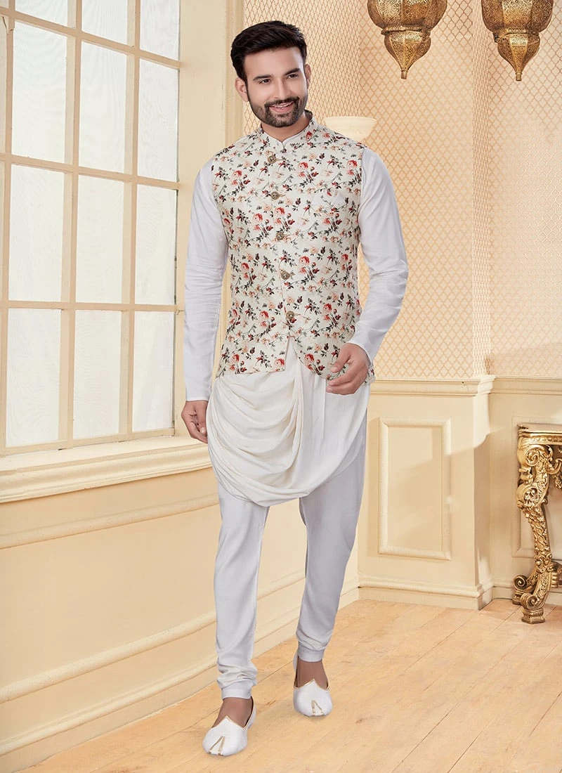 White Soft Silk Kurta Pyjama With Jacket Party Wear 2 White Soft Silk Kurta Pyjama With Jacket Party Wear - Image 2