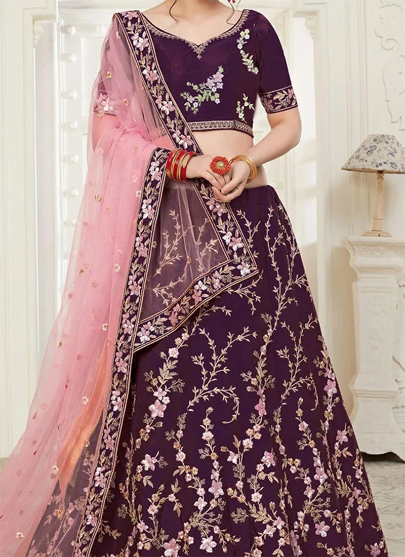 Wine Art Silk Embroidered A Line Lehenga Party Wear 1 Wine Art Silk Embroidered A Line Lehenga Party Wear