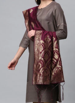 Wine Benarasi Silk Jacquard Woven Dupatta Festive Wear