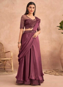 Wine Chinon Silk Ready Pleated Saree Party Wear -C Bazaar Shop Wine Chinon Silk Ready Pleated Saree SASKA36357301F u