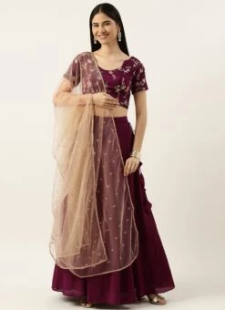 Wine Embroidered Low Neck Lehenga Festive Wear -C Bazaar Shop Wine Embroidered Low Neck Lehenga GHBS02205860 u
