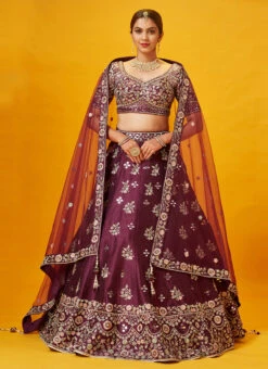 Wine Embroidered And Hand Work Art Silk Umbrella Lehenga Wedding Wear -C Bazaar Shop Wine Embroidered and Hand work Art Silk Umbrella Lehenga GHMKNS1178537B u