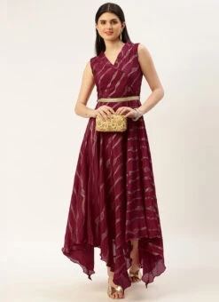 Wine Foil Printed Chinon Maxi Dress Festive Wear -C Bazaar Shop Wine Foil Printed Chinon Maxi Dress DRBS02211200 u
