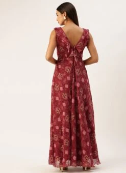 Wine Georgette Digital Print V Neck Gown Party Wear -C Bazaar Shop Wine Georgette Digital Print V Neck Gown IWBS02301782 b