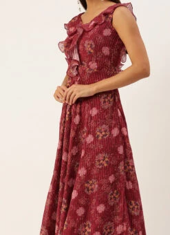 Wine Georgette Digital Print V Neck Gown Party Wear