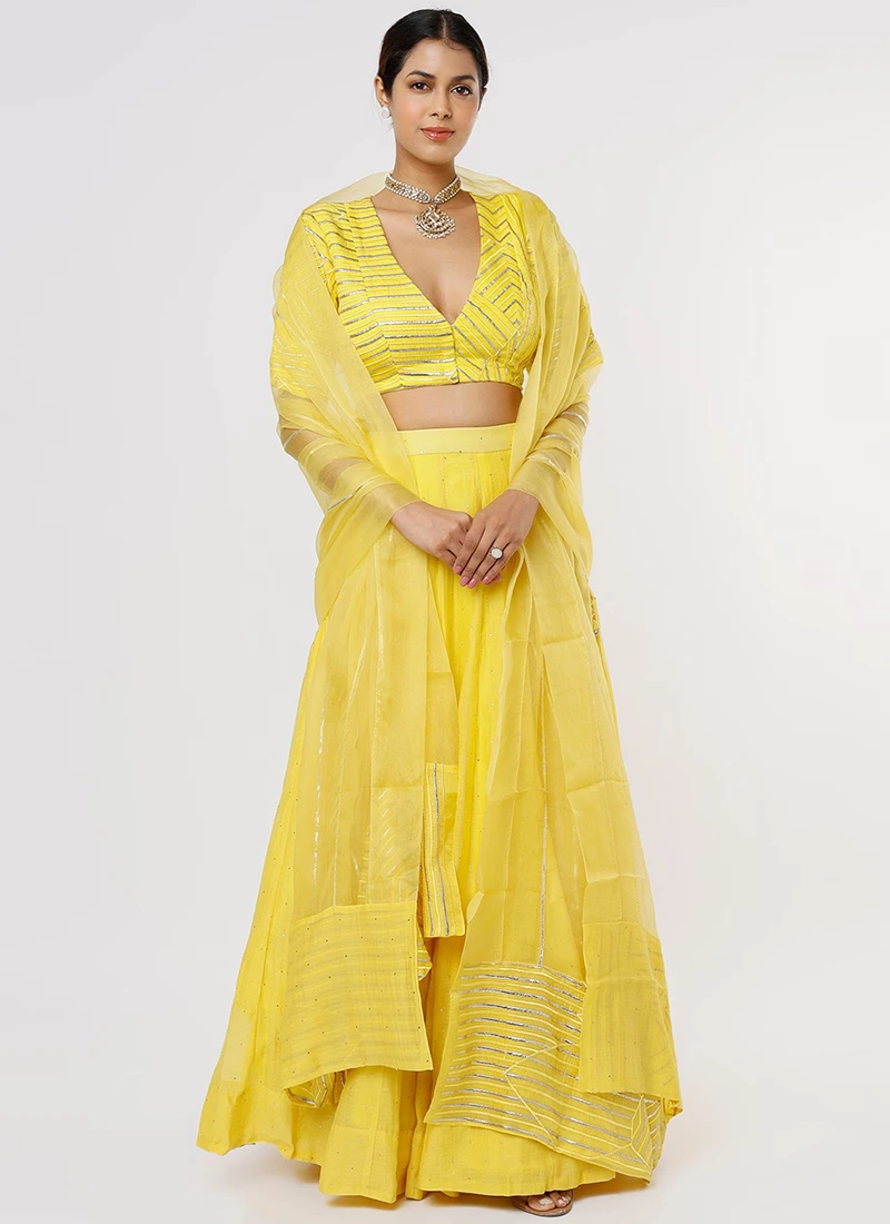 Yellow Art Silk Chanderi Umbrella Lehenga Party Wear 3 Yellow Art Silk Chanderi Umbrella Lehenga Party Wear - Image 3