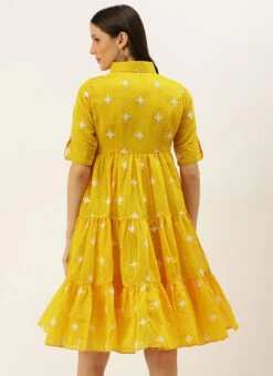Yellow Chanderi Cotton Tiered Dress Festive Wear -C Bazaar Shop Yellow Chanderi Cotton Tiered Dress DRBS02205872 b
