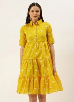 Yellow Chanderi Cotton Tiered Dress Festive Wear -C Bazaar Shop Yellow Chanderi Cotton Tiered Dress DRBS02205872 u